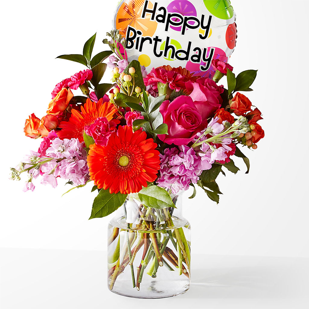 Fiesta Bouquet with Birthday Balloon – TAYLOR'S MERCANTILE, Sewanee TN