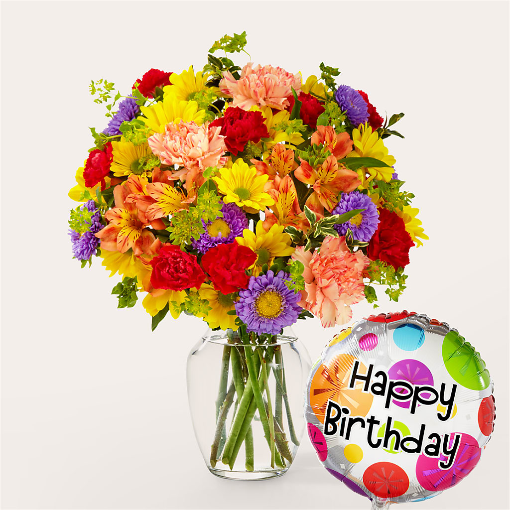 Kaleidoscope Bouquet with Birthday Balloon – TAYLOR'S MERCANTILE, Sewanee TN